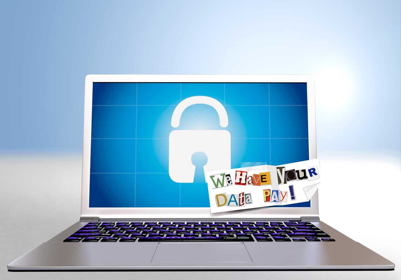 ransomware encrypted laptop with ransom note