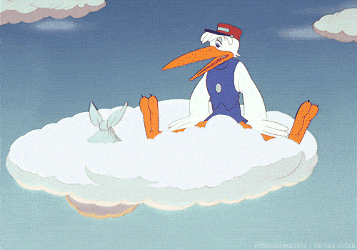 stork on cloud with package falling through cloud